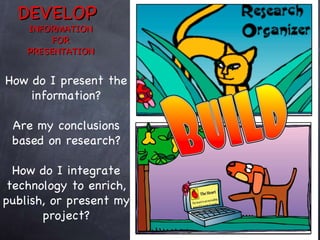 DEVELOP  INFORMATION FOR PRESENTATION How do I present the information? Are my conclusions based on research? How do I integrate technology to enrich, publish, or present my project? 
