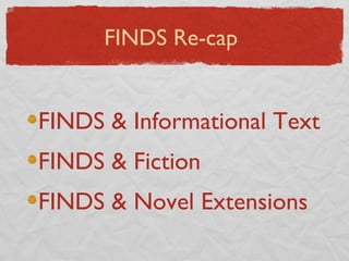 FINDS & Informational Text FINDS & Fiction FINDS & Novel Extensions FINDS Re-cap 
