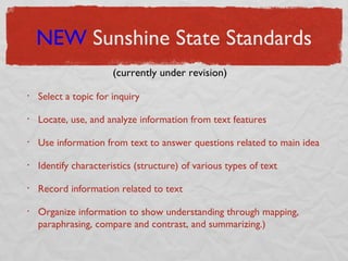 NEW  Sunshine State Standards Select a topic for inquiry Locate, use, and analyze information from text features Use information from text to answer questions related to main idea Identify characteristics (structure) of various types of text Record information related to text Organize information to show understanding through mapping, paraphrasing, compare and contrast, and summarizing.) (currently under revision) 