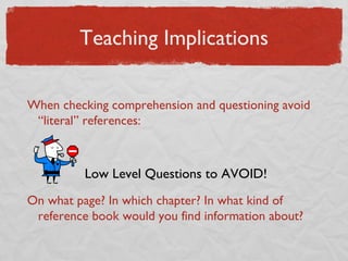 Teaching Implications When checking comprehension and questioning avoid “literal” references: Low Level Questions to AVOID! On what page? In which chapter? In what kind of reference book would you find information about? 