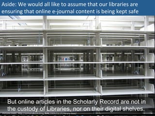Picture	
  credit:	
  hnp://somanybooksblog.com/2009/03/27/library-­‐tour/	
  
But online articles in the Scholarly Record are not in
the custody of Libraries, nor on their digital shelves.
Aside:	
  We	
  would	
  all	
  like	
  to	
  assume	
  that	
  our	
  libraries	
  are	
  
ensuring	
  that	
  online	
  e-­‐journal	
  content	
  is	
  being	
  kept	
  safe	
  
 