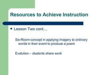 Resources to Achieve Instruction  Lesson Two cont… Six-Room concept in applying imagery to ordinary words in their event to produce a poem Evalution – students share work 