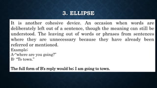 3. ELLIPSE
It is another cohesive device. An occasion when words are
deliberately left out of a sentence, though the meaning can still be
understood. The leaving out of words or phrases from sentences
where they are unnecessary because they have already been
referred or mentioned.
Example;
A-“where are you going?”
B- “To town.”
The full form of B’s reply would be; I am going to town.
 