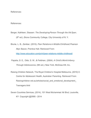 References:
References:
Berger, Kathleen, Stassen: The Developing Person Through the life Span,
(8th
ed.), Bronx Community College, City University of N. Y.
Blume, L. B., Zembar, (2010), Peer Relations in Middle Childhood; Pearson
Allyn Bacon, Prentice Hall. Retrieved From:
http://www.education.com/print/peer-relations-middle-childhood/
Papalia, D. E., Olds, S. W., & Feldman, (2004). A Child's World Infancy
Through Adolescence, (9th ed.); New York, McGraw-Hill, Inc.
Raising Children Network, The Royal Children's Hospital Melbourne, (2010) C
Centre for Adolescent Health, Australian Parenting. Retrieved From:
Raisingchildren.net.au/articles/social_and_emotional_development_
Teenagers.html
Seven Countries Services, (2014), 101 West Muhammad Ali Blvd, Louisville,
KY Copyright @2995 - 2014
 