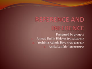Presented by group 2
1. Ahmad Ruhin Hidayat (1510202004)
2. Yoshinta Adinda Bayu (1510302024)
3. Anida Latifah (1510302025)
 