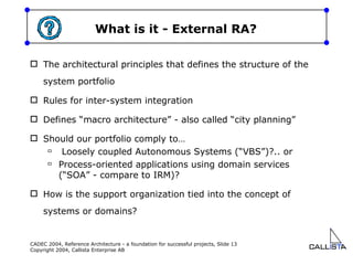What is it - External RA? The architectural principles that defines the structure of the system portfolio Rules for inter-system integration Defines “macro architecture” - also called “city planning” Should our portfolio comply to… Loosely coupled Autonomous Systems (“VBS”)?.. or Process-oriented applications using domain services (“SOA” - compare to IRM)? How is the support organization tied into the concept of systems or domains? 