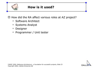 How is it used? How did the RA affect various roles at AZ project? Software Architect Systems Analyst Designer Programmer / Unit tester 