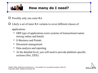 How many do I need? Possibly only one outer RA Likely a set of inner RA variants to cover different classes of applications ERP type of applications (core systems of transactional nature mixing online and batch) E-Business and Portals Document management Data analysis and reporting At the detailed level, you will need to provide platform specific sections (Net, J2EE) 