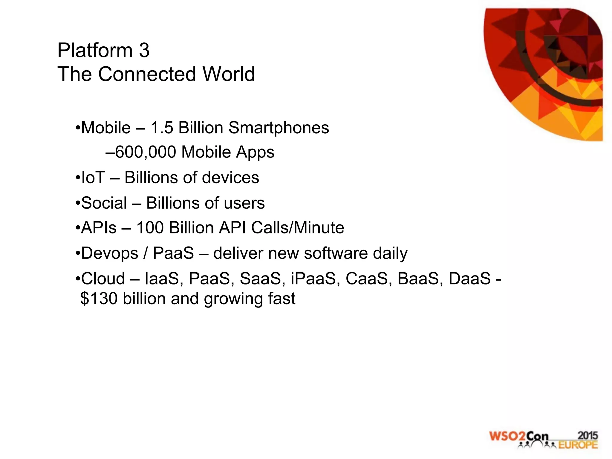 Platform 3
The Connected World
• Mobile – 1.5 Billion Smartphones
– 600,000 Mobile Apps
• IoT – Billions of devices
• Social – Billions of users
• APIs – 100 Billion API Calls/Minute
• Devops / PaaS – deliver new software daily
• Cloud – IaaS, PaaS, SaaS, iPaaS, CaaS, BaaS, DaaS -
$130 billion and growing fast
 