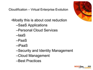 Cloudification – Virtual Enterprise Evolution
• Mostly this is about cost reduction
– SaaS Applications
– Personal Cloud Services
– IaaS
– PaaS
– iPaaS
– Security and Identity Management
– Cloud Management
– Best Practices
 