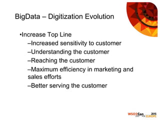 BigData – Digitization Evolution
• Increase Top Line
– Increased sensitivity to customer
– Understanding the customer
– Reaching the customer
– Maximum efficiency in marketing and
sales efforts
– Better serving the customer
 