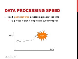 DATA PROCESSING SPEED
•  Need (near) real time processing most of the time
•  E.g. Need to alert if temperature suddenly spikes
temp
Time
Alert
(c) Elephant Scale 2015
 