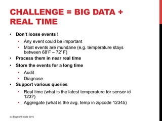 CHALLENGE = BIG DATA +
REAL TIME
•  Don’t loose events !
•  Any event could be important
•  Most events are mundane (e.g. temperature stays
between 68’F – 72’ F)
•  Process them in near real time
•  Store the events for a long time
•  Audit
•  Diagnose
•  Support various queries
•  Real time (what is the latest temperature for sensor id
123?)
•  Aggregate (what is the avg. temp in zipcode 12345)
(c) Elephant Scale 2015
 