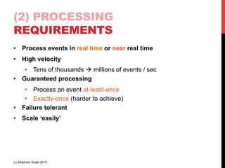 (2) PROCESSING
REQUIREMENTS
•  Process events in real time or near real time
•  High velocity
•  Tens of thousands à millions of events / sec
•  Guaranteed processing
•  Process an event at-least-once
•  Exactly-once (harder to achieve)
•  Failure tolerant
•  Scale ‘easily’
(c) Elephant Scale 2015
 