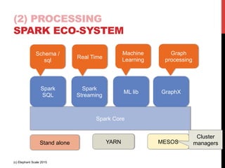 (2) PROCESSING
SPARK ECO-SYSTEM
(c) Elephant Scale 2015
Spark Core
Spark
SQL
Spark
Streaming
ML lib
Schema /
sql
Real Time
Machine
Learning
Stand alone YARN MESOS
Cluster
managers
GraphX
Graph
processing
 