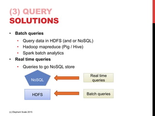 (3) QUERY
SOLUTIONS
•  Batch queries
•  Query data in HDFS (and or NoSQL)
•  Hadoop mapreduce (Pig / Hive)
•  Spark batch analytics
•  Real time queries
•  Queries to go NoSQL store
HDFS
NoSQL
Real time
queries
Batch queries
(c) Elephant Scale 2015
 