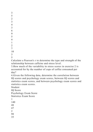 3
5
2
3
4
3
6
9
5
4
1
2
7
10
3
5
Calculate a Pearson's r to determine the type and strength of the
relationship between caffeine and stress level.
3.How much of the variability in stress scores in exercise 2 is
accounted for by the number of cups of coffee consumed per
day?
4.Given the following data, determine the correlation between
IQ scores and psychology exam scores, between IQ scores and
statistics exam scores, and between psychology exam scores and
statistics exam scores.
Student
IQ Score
Psychology Exam Score
Statistics Exam Score
1
140
48
47
2
98
35
 