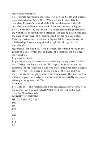 more other variables.
To illustrate regression analysis, let's use the height and weight
data presented in Table 20.1. When we used these data to
calculate Pearson's r (in Module 19), we determined that the
correlation coefficient was +.94. Also, we can see in Figure
18.1 (in Module 18) that there is a linear relationship between
the variables, meaning that a straight line can be drawn through
the data to represent the relationship between the variables.
This regression line is shown in Figure 20.1; it represents the
relationship between height and weight for this group of
individuals.
regression line The best-fitting straight line drawn through the
center of a scatterplot that indicates the relationship between
the variables.
Regression Lines
Regression analysis involves determining the equation for the
best-fitting line for a data set. This equation is based on the
equation for representing a line you may remember from algebra
class: y = mx + b, where m is the slope of the line and b is
the y-intercept (the place where the line crosses the y-axis). For
a linear regression analysis, the formula is essentially the same,
although the symbols differ:
Y′=bX+a
FIGURE 20.1 The relationship between height and weight, with
the regression line indicatedTABLE 20.1 Height and weight
data for 20 individuals
WEIGHT(IN POUNDS)
HEIGHT (IN INCHES)
100
60
120
61
105
63
115
63
 