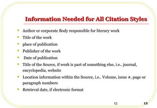 15 15
Information Needed for All Citation StylesInformation Needed for All Citation Styles
 Author or corporate Body responsible for literary workAuthor or corporate Body responsible for literary work
 Title of the workTitle of the work
 place of publicationplace of publication
 Publisher of the workPublisher of the work
 Date of publicationDate of publication
 Title of the Source, if work is part of something else, i.e.. journal,Title of the Source, if work is part of something else, i.e.. journal,
encyclopedia, websiteencyclopedia, website
 Location information within the Source, i.e.. Volume, issue #, page orLocation information within the Source, i.e.. Volume, issue #, page or
paragraph numbersparagraph numbers
 Retrieval date, if electronic formatRetrieval date, if electronic format
 