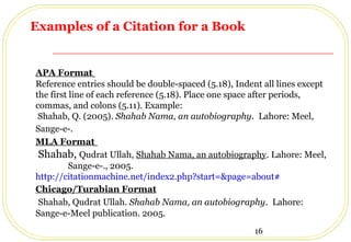 16
APA Format
Reference entries should be double-spaced (5.18), Indent all lines except
the first line of each reference (5.18). Place one space after periods,
commas, and colons (5.11). Example:
Shahab, Q. (2005). Shahab Nama, an autobiography. Lahore: Meel,
Sange-e-.
MLA Format
Shahab, Qudrat Ullah, Shahab Nama, an autobiography. Lahore: Meel,
Sange-e-., 2005.
http://citationmachine.net/index2.php?start=&page=about#
Chicago/Turabian Format
Shahab, Qudrat Ullah. Shahab Nama, an autobiography. Lahore:
Sange-e-Meel publication. 2005.
Examples of a Citation for a Book
 