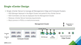 21
Registration or
Mapping
WebVM
WebVM
VM
VM WebVM
Compute Cluster
WebVM VM
VM
Compute
A
vCenter Server
NSX Manager
NSX
Controller
Compute
B
Edge and Control VM
Edge Cluster
Management Cluster
 Single vCenter Server to manage all Management, Edge and Compute Clusters
• NSX Manager deployed in the Mgmt Cluster and paired to the vCenter Server
• NSX Controllers can also be deployed into the Management Cluster
• Reduces vCenter Server licensing requirements
• Most common in POCs or small environments
Single vCenter Design
 