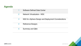 Agenda
CONFIDENTIAL 2
1 Software Defined Data Center
2 Network Virtualization - NSX
3 NSX for vSphere Design and Deployment Considerations
4 Reference Designs
5 Summary and Q&A
 