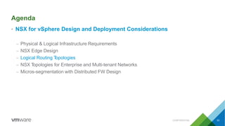 Agenda
• NSX for vSphere Design and Deployment Considerations
– Physical & Logical Infrastructure Requirements
– NSX Edge Design
– Logical Routing Topologies
– NSX Topologies for Enterprise and Multi-tenant Networks
– Micros-segmentation with Distributed FW Design
CONFIDENTIAL 53
 