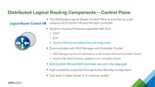 Distributed Logical Routing Components – Control Plane
 The Distributed Logical Router Control Plane is provided by a per
instance DLR Control VM and the NSX Controller
 Dynamic Routing Protocols supported with DLR
• OSPF
• BGP
• Control VM forms the adjacencies with Edge node
 Communicates with NSX Manager and Controller Cluster
• NSX Manager sends LIF information to the Control VM and Controller Cluster
• Control VM sends Routing updates to the Controller Cluster
 DLR Control VM and NSX Controller are not in the data path
 High availability supported through Active-Standby configuration
 Can exist in edge cluster or in compute cluster
Logical Router Control VM
 