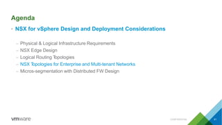 Agenda
• NSX for vSphere Design and Deployment Considerations
– Physical & Logical Infrastructure Requirements
– NSX Edge Design
– Logical Routing Topologies
– NSX Topologies for Enterprise and Multi-tenant Networks
– Micros-segmentation with Distributed FW Design
CONFIDENTIAL 61
 