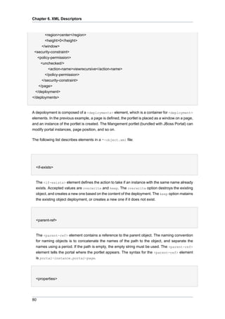 Chapter 6. XML Descriptors

<region>center</region>
<height>0</height>
</window>
<security-constraint>
<policy-permission>
<unchecked/>
<action-name>viewrecursive</action-name>
</policy-permission>
</security-constraint>
</page>
</deployment>
</deployments>

A depoloyment is composed of a <deployments> element, which is a container for <deployment>
elements. In the previous example, a page is defined, the portlet is placed as a window on a page,
and an instance of the portlet is created. The Mangement portlet (bundled with JBoss Portal) can
modify portal instances, page position, and so on.
The following list describes elements in a *-object.xml file:

•
<if-exists>

The <if-exists> element defines the action to take if an instance with the same name already
exists. Accepted values are overwrite and keep. The overwrite option destroys the existing
object, and creates a new one based on the content of the deployment. The keep option matains
the existing object deployment, or creates a new one if it does not exist.
•
<parent-ref>

The <parent-ref> element contains a reference to the parent object. The naming convention
for naming objects is to concatenate the names of the path to the object, and separate the
names using a period. If the path is empty, the empty string must be used. The <parent-ref>
element tells the portal where the portlet appears. The syntax for the <parent-ref> element
is portal-instance.portal-page.
•
<properties>

80

 