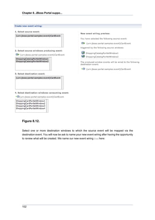 Chapter 8. JBoss Portal suppo...

Figure 8.12.
Select one or more destination windows to which the source event will be mapped via the
destination event. You will now be ask to name your new event wiring after having the opportunity
to review what will be created. We name our new event wiring foo here:

102

 