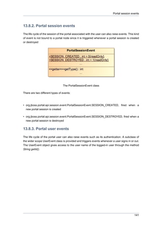 Portal session events

13.8.2. Portal session events
The life cycle of the session of the portal associated with the user can also raise events. This kind
of event is not bound to a portal node since it is triggered whenever a portal session is created
or destroyed

The PortalSessionEvent class
There are two different types of events:

• org.jboss.portal.api.session.event.PortalSessionEvent.SESSION_CREATED, fired when a
new portal session is created
• org.jboss.portal.api.session.event.PortalSessionEvent.SESSION_DESTROYED, fired when a
new portal session is destroyed

13.8.3. Portal user events
The life cycle of the portal user can also raise events such as its authentication. A subclass of
the wider scope UserEvent class is provided and triggers events whenever a user signs in or out.
The UserEvent object gives access to the user name of the logged-in user through the method
String getId().

141

 