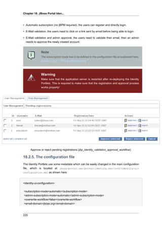 Chapter 18. JBoss Portal Iden...

• Automatic subscription (no jBPM required), the users can register and directly login.
• E-Mail validation, the users need to click on a link sent by email before being able to login.
• E-Mail validation and admin approval, the users need to validate their email, then an admin
needs to approve the newly created account.

Note
The subscription mode has to be defined in the configuration file as explained here:
Section 18.2.5, “The configuration file”.

Warning
Make sure that the application server is restarted after re-deploying the Identity
Portlets. This is required to make sure that the registration and approval process
works properly!

Approve or reject pending registrations (jbp_identity_validation_approval_workflow).

18.2.5. The configuration file
The Identity Portlets use some metadata which can be easily changed in the main configuration
file, which is located at jboss-portal.sar/portal-identity.sar/conf/identity-uiconfiguration.xml as shown here:

<identity-ui-configuration>
<subscription-mode>automatic</subscription-mode>
<admin-subscription-mode>automatic</admin-subscription-mode>
<overwrite-workflow>false</overwrite-workflow>
<email-domain>jboss.org</email-domain>

220

 