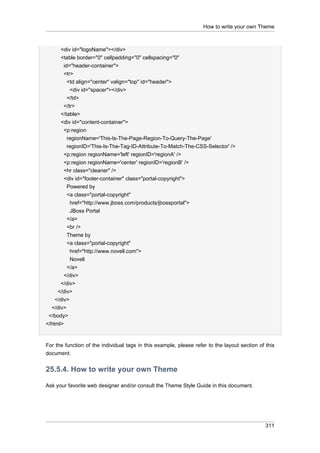 How to write your own Theme

<div id="logoName"></div>
<table border="0" cellpadding="0" cellspacing="0"
id="header-container">
<tr>
<td align="center" valign="top" id="header">
<div id="spacer"></div>
</td>
</tr>
</table>
<div id="content-container">
<p:region
regionName='This-Is-The-Page-Region-To-Query-The-Page'
regionID='This-Is-The-Tag-ID-Attribute-To-Match-The-CSS-Selector' />
<p:region regionName='left' regionID='regionA' />
<p:region regionName='center' regionID='regionB' />
<hr class="cleaner" />
<div id="footer-container" class="portal-copyright">
Powered by
<a class="portal-copyright"
href="http://www.jboss.com/products/jbossportal">
JBoss Portal
</a>
<br />
Theme by
<a class="portal-copyright"
href="http://www.novell.com">
Novell
</a>
</div>
</div>
</div>
</div>
</div>
</body>
</html>

For the function of the individual tags in this example, please refer to the layout section of this
document.

25.5.4. How to write your own Theme
Ask your favorite web designer and/or consult the Theme Style Guide in this document.

311

 