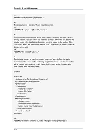 Appendix B. portlet-instances...

-->
<!ELEMENT deployments (deployment*)>
<!-The deployment is a container for an instance element.
-->
<!ELEMENT deployment (if-exists?,instance)>
<!-The if-exists element is used to define action to take if instance with such name is
already present. Possible values are overwrite or keep . Overwrite will destroy the
existing object in the database and create a new one, based on the content of the
deployment. Keep will maintain the existing object deployment or create a new one if
it does not yet exist.
-->
<!ELEMENT if-exists (#PCDATA)>
<!-The instance element is used to create an instance of a portlet from the portlet
application of the same war file containing the portlet-instances.xml file. The portlet
will be created and configured only if the portlet is present and an instance with
such a name does not already exist.
Example :
<instance>
<instance-id>MyPortletInstance</instance-id>
<portlet-ref>MyPortlet</portlet-ref>
<preferences>
<preference>
<name>abc</name>
<value>def</value>
</preference>
</preferences>
<security-constraint>
<policy-permission>
<role-name>User</role-name>
<action-name>view</action-name>
</policy-permission>
</security-constraint>
</instance>
-->
<!ELEMENT instance (instance-id,portlet-ref,display-name*,preferences?,

370

 