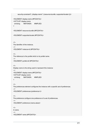 security-constraint?, (display-name* | (resource-bundle, supported-locale+)))>
<!ELEMENT display-name (#PCDATA)>
<!ATTLIST display-name
xml:lang
NMTOKEN
#IMPLIED
>
<!ELEMENT resource-bundle (#PCDATA)>
<!ELEMENT supported-locale (#PCDATA)>

<!-The identifier of the instance.
-->
<!ELEMENT instance-id (#PCDATA)>
<!-The reference to the portlet which is its portlet name.
-->
<!ELEMENT portlet-ref (#PCDATA)>
<!-Display name is the string used to represent this instance
-->
<!ELEMENT display-name (#PCDATA)>
<!ATTLIST display-name
xml:lang
NMTOKEN
#IMPLIED
>
<!-The preferences element configures the instance with a specific set of preferences.
-->
<!ELEMENT preferences (preference+)>
<!-The preference configure one preference of a set of preferences.
-->
<!ELEMENT preference (name,value)>
<!-A name.
-->
<!ELEMENT name (#PCDATA)>

371

 