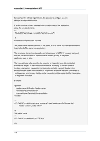 Appendix C. jboss-portlet.xml DTD

For each portlet defined in portlet.xml, it is possible to configure specific
settings of the portlet container.
It is also possible to inject services in the portlet context of the application
using the service elements.
-->
<!ELEMENT portlet-app (remotable?,portlet*,service*)>
<!-Additional configuration for a portlet.
The portlet-name defines the name of the portlet. It must match a portlet defined already
in portlet.xml of the same web application.
The remotable element configures the portlet exposure to WSRP. If no value is present
then the value considered is either the value defined globally at the portlet
application level or false.
The trans-attribute value specifies the behavior of the portlet when it is invoked at
runtime with respect to the transactionnal context. According to how the portlet is
invoked a transaction may exist or not before the portlet is invoked. Usually in the
local context the portal transaction could be present. By default the value considered is
NotSupported which means that the portal transaction will be suspended for the duration
of the portlet invocation.
Example:
<portlet>
<portlet-name>MyPortlet</portlet-name>
<remotable>true</remotable>
<trans-attribute>Required</trans-attribute>
</portlet>
-->
<!ELEMENT portlet (portlet-name,remotable?,ajax?,session-config?,transaction?,
header-content?,portlet-info?)>
<!-The portlet name.
-->
<!ELEMENT portlet-name (#PCDATA)>
<!--

376

 