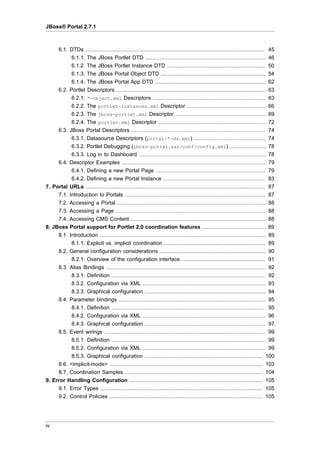 JBoss® Portal 2.7.1

6.1. DTDs ...............................................................................................................
6.1.1. The JBoss Portlet DTD ...........................................................................
6.1.2. The JBoss Portlet Instance DTD .............................................................
6.1.3. The JBoss Portal Object DTD .................................................................
6.1.4. The JBoss Portal App DTD .....................................................................
6.2. Portlet Descriptors ............................................................................................
6.2.1. *-object.xml Descriptors ......................................................................
6.2.2. The portlet-instances.xml Descriptor .................................................
6.2.3. The jboss-portlet.xml Descriptor ........................................................
6.2.4. The portlet.xml Descriptor ...................................................................
6.3. JBoss Portal Descriptors ...................................................................................
6.3.1. Datasource Descriptors (portal-*-ds.xml) .............................................
6.3.2. Portlet Debugging (jboss-portal.sar/conf/config.xml) .......................
6.3.3. Log in to Dashboard ...............................................................................
6.4. Descriptor Examples .........................................................................................
6.4.1. Defining a new Portal Page ....................................................................
6.4.2. Defining a new Portal Instance ...............................................................

45
46
50
54
62
63
63
66
69
72
74
74
78
78
79
79
83

7. Portal URLs ............................................................................................................... 87
7.1. Introduction to Portals ....................................................................................... 87
7.2. Accessing a Portal ............................................................................................ 88
7.3. Accessing a Page ............................................................................................. 88
7.4. Accessing CMS Content .................................................................................... 88
8. JBoss Portal support for Portlet 2.0 coordination features ........................................ 89
8.1. Introduction ....................................................................................................... 89
8.1.1. Explicit vs. implicit coordination ............................................................... 89
8.2. General configuration considerations .................................................................. 90
8.2.1. Overview of the configuration interface .................................................... 91
8.3. Alias Bindings ................................................................................................... 92
8.3.1. Definition ............................................................................................... 92
8.3.2. Configuration via XML ............................................................................ 93
8.3.3. Graphical configuration ........................................................................... 94
8.4. Parameter bindings ........................................................................................... 95
8.4.1. Definition ............................................................................................... 95
8.4.2. Configuration via XML ............................................................................ 96
8.4.3. Graphical configuration ........................................................................... 97
8.5. Event wirings .................................................................................................... 99
8.5.1. Definition ............................................................................................... 99
8.5.2. Configuration via XML ............................................................................ 99
8.5.3. Graphical configuration ......................................................................... 100
8.6. <implicit-mode> ............................................................................................... 103
8.7. Coordination Samples ..................................................................................... 104
9. Error Handling Configuration ................................................................................... 105
9.1. Error Types .................................................................................................... 105
9.2. Control Policies ............................................................................................... 105

iv

 