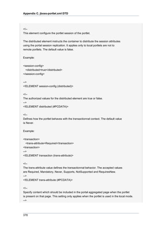 Appendix C. jboss-portlet.xml DTD

<!-This element configure the portlet session of the portlet.
The distributed element instructs the container to distribute the session attributes
using the portal session replication. It applies only to local portlets are not to
remote portlets. The default value is false.
Example:
<session-config>
<distributed>true</distributed>
</session-config>
-->
<!ELEMENT session-config (distributed)>
<!-The authorized values for the distributed element are true or false.
-->
<!ELEMENT distributed (#PCDATA)>
<!-Defines how the portlet behaves with the transactionnal context. The default value
is Never.
Example:
<transaction>
<trans-attribute>Required</transaction>
<transaction>
-->
<!ELEMENT transaction (trans-attribute)>
<!-The trans-attribute value defines the transactionnal behavior. The accepted values
are Required, Mandatory, Never, Supports, NotSupported and RequiresNew.
-->
<!ELEMENT trans-attribute (#PCDATA)>
<!-Specify content which should be included in the portal aggregated page when the portlet
is present on that page. This setting only applies when the portlet is used in the local mode.
-->

378

 