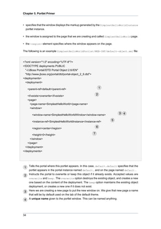 Chapter 5. Portlet Primer

• specifies that the window displays the markup generated by the SimplestHelloWorldInstance
portlet instance.
• the window is assigned to the page that we are creating and called SimplestHelloWorld page.
• the <region> element specifies where the window appears on the page.
The following is an example SimplestHelloWorldPortlet/WEB-INF/default-object.xml file:

<?xml version="1.0" encoding="UTF-8"?>
<!DOCTYPE deployments PUBLIC
"-//JBoss Portal//DTD Portal Object 2.6//EN"
"http://www.jboss.org/portal/dtd/portal-object_2_6.dtd">
<deployments>
<deployment>
<parent-ref>default</parent-ref>
<if-exists>overwrite</if-exists>
<page>
<page-name>SimplestHelloWorld</page-name>
<window>
<window-name>SimplestHelloWorldWindow</window-name>
<instance-ref>SimplestHelloWorldInstance</instance-ref>
<region>center</region>
<height>0</height>
</window>
</page>
</deployment>
</deployments>

Tells the portal where this portlet appears. In this case, default.default specifies that the
portlet appears in the portal instance named default , and on the page named default .
Instructs the portal to overwrite or keep this object if it already exists. Accepted values are
overwrite and keep . The overwrite option destroys the existing object, and creates a new
one based on the content of the deployment. The keep option maintains the existing object
deployment, or creates a new one if it does not exist.
Here we are creating a new page to put the new window on. We give that new page a name
that will be by default used on the tab of the default theme.
A unique name given to the portlet window. This can be named anything.

34

 