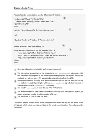 Chapter 5. Portlet Primer

Please check the source code to see the difference with Method 1.
<portlet:renderURL var="myRenderURL">
<portlet:param name="yourname" value='John Doe'/>
</portlet:renderURL>
<br/>
<a href="<%= myRenderURL %>">John Doe</a></div>
<br/>
<div class="portlet-font">Method 3: We use a form:<br/>

<portlet:actionURL var="myActionURL"/>
<form action="<%= myActionURL %>" method="POST">
<span class="portlet-form-field-label">Name:</span>
<input class="portlet-form-input-field" type="text" name="yourname"/>
<input class="portlet-form-button" type="Submit"/>
</form>
</div>

Since we will use the portlet taglib, we first need to declare it.
The first method showed here is the simplest one, portlet:renderURL will create a URL
that will call the render phase of the current portlet and append the result at the place of the
markup (Here within a tag...). We also added a parameter directly on the URL.
In this method instead of having a tag within another tag, which is not XML valid, we use the
var attribute. Instead of printing the url the portlet:renderURL tag will store the result in
the referenced variable ( myRenderURL in our case).
The variable myRenderURL is used like any other JSP variable.
The third method mixes form submission and action request. Like in the second method, we
used a temporary variable to put the created URL into.
The action URL is used in the HTML form.

On the third method, first the action phase is triggered then later in the request, the render phase
is triggered, which output some content back to the web browser based on the available render
parameters.

42

 