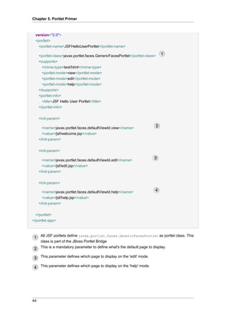 Chapter 5. Portlet Primer

version="2.0">
<portlet>
<portlet-name>JSFHelloUserPortlet</portlet-name>
<portlet-class>javax.portlet.faces.GenericFacesPortlet</portlet-class>
<supports>
<mime-type>text/html</mime-type>
<portlet-mode>view</portlet-mode>
<portlet-mode>edit</portlet-mode>
<portlet-mode>help</portlet-mode>
</supports>
<portlet-info>
<title>JSF Hello User Portlet</title>
</portlet-info>
<init-param>
<name>javax.portlet.faces.defaultViewId.view</name>
<value>/jsf/welcome.jsp</value>
</init-param>
<init-param>
<name>javax.portlet.faces.defaultViewId.edit</name>
<value>/jsf/edit.jsp</value>
</init-param>
<init-param>
<name>javax.portlet.faces.defaultViewId.help</name>
<value>/jsf/help.jsp</value>
</init-param>
</portlet>
</portlet-app>

All JSF portlets define javax.portlet.faces.GenericFacesPortlet as portlet class. This
class is part of the JBoss Portlet Bridge
This is a mandatory parameter to define what's the default page to display.
This parameter defines which page to display on the 'edit' mode.
This parameter defines which page to display on the 'help' mode.

44

 