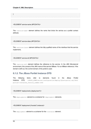 Chapter 6. XML Descriptors

}

<!ELEMENT service-name (#PCDATA)>

The <service-name> element defines the name that binds the service as a portlet context
attribute.

<!ELEMENT service-class (#PCDATA)>

The <service-class> element defines the fully qualified name of the interface that the service
implements.

<!ELEMENT service-ref (#PCDATA)>

The <service-ref> element defines the reference to the service. In the JMX Microkernel
environment, this consist of the JMX name of the service MBean. For an MBean reference, if the
domain is left out, the current domain of the portal is used.

6.1.2. The JBoss Portlet Instance DTD
The
following
Instance
DTD,

items

refer

to

elements

found

in

portlet-instances_version_number.dtd:

<!ELEMENT deployments (deployment*)>

The <deployments> element is a container for <deployment> elements.

<!ELEMENT deployment (if-exists?,instance)>

The <deployment> element is a container for the <instance> element.

50

the

JBoss

Portlet

$JBOSS_HOME/server/configuration/deploy/jboss-portal.sar/dtd/

 