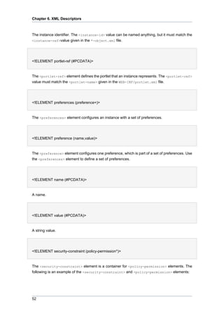 Chapter 6. XML Descriptors

The instance identifier. The <instance-id> value can be named anything, but it must match the
<instance-ref>value given in the *-object.xml file.

<!ELEMENT portlet-ref (#PCDATA)>

The <portlet-ref> element defines the portlet that an instance represents. The <portlet-ref>
value must match the <portlet-name> given in the WEB-INF/portlet.xml file.

<!ELEMENT preferences (preference+)>

The <preferences> element configures an instance with a set of preferences.

<!ELEMENT preference (name,value)>

The <preference> element configures one preference, which is part of a set of preferences. Use
the <preferences> element to define a set of preferences.

<!ELEMENT name (#PCDATA)>

A name.

<!ELEMENT value (#PCDATA)>

A string value.

<!ELEMENT security-constraint (policy-permission*)>

The <security-constraint> element is a container for <policy-permission> elements. The
following is an example of the <security-constraint> and <policy-permission> elements:

52

 