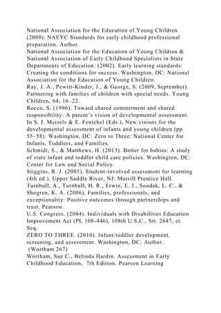 National Association for the Education of Young Children.
(2009). NAEYC Standards for early childhood professional
preparation. Author.
National Association for the Education of Young Children &
National Association of Early Childhood Specialists in State
Departments of Education. (2002). Early learning standards:
Creating the conditions for success. Washington, DC: National
Association for the Education of Young Children.
Ray, J. A., Pewitt-Kinder, J., & George, S. (2009, September).
Partnering with families of children with special needs. Young
Children, 64, 16–22.
Rocco, S. (1996). Toward shared commitment and shared
responsibility: A parent’s vision of developmental assessment.
In S. J. Meisels & E. Fenichel (Eds.), New visions for the
developmental assessment of infants and young children (pp.
55–58). Washington, DC: Zero to Three: National Center for
Infants, Toddlers, and Families.
Schmidt, S., & Matthews, H. (2013). Better for babies: A study
of state infant and toddler child care policies. Washington, DC:
Center for Law and Social Policy.
Stiggins, R. J. (2005). Student-involved assessment for learning
(4th ed.). Upper Saddle River, NJ: Merrill Prentice Hall.
Turnbull, A., Turnbull, H. R., Erwin, E. J., Soodak, L. C., &
Shogren, K. A. (2006). Families, professionals, and
exceptionality: Positive outcomes through partnerships and
trust. Pearson.
U.S. Congress. (2004). Individuals with Disabilities Education
Improvement Act (PL 108-446), 108th U.S.C., Stt. 2647, et.
Seq.
ZERO TO THREE. (2010). Infant/toddler development,
screening, and assessment. Washington, DC: Author.
(Wortham 267)
Wortham, Sue C., Belinda Hardin. Assessment in Early
Childhood Education, 7th Edition. Pearson Learning
 