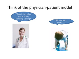 Think of the physician-patient model
“My sole, very
painful…”
“Does it hurt when
you're sitting,
standing, walking?”
 
