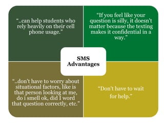 “..can help students who
rely heavily on their cell
phone usage.”
“If you feel like your
question is silly, it doesn't
matter because the texting
makes it confidential in a
way.”
“..don't have to worry about
situational factors, like is
that person looking at me,
do i smell ok, did I word
that question correctly, etc.”
“Don't have to wait
for help.”
SMS
Advantages
 