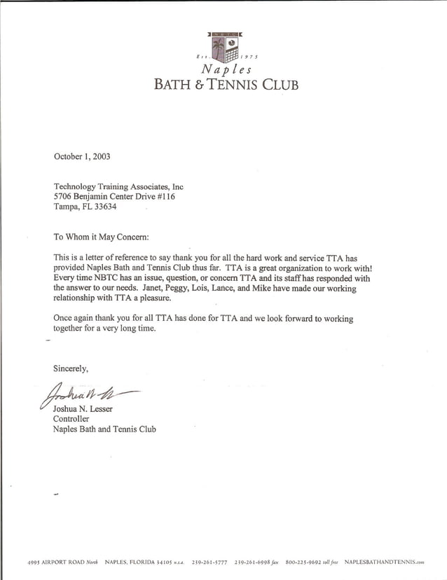 Reference Letter - Naples Bath and Tennis Club | PDF