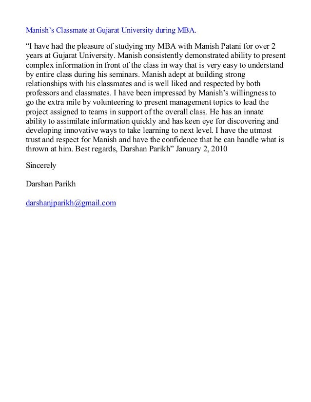 letter of recommendation for classmate