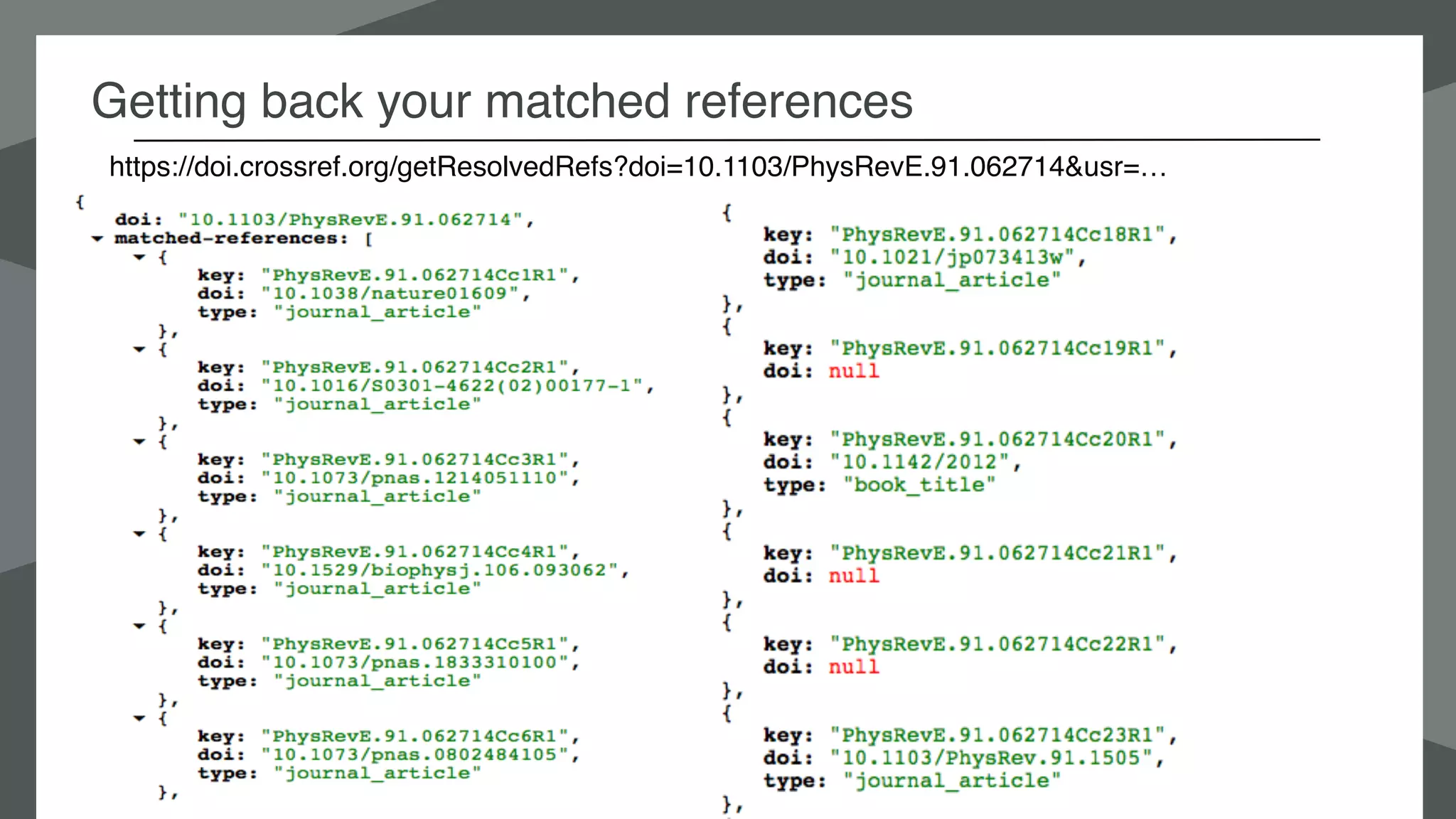 Getting back your matched references
https://doi.crossref.org/getResolvedRefs?doi=10.1103/PhysRevE.91.062714&usr=…
 